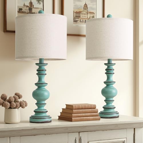 BOBOMOMO 24" Farmhouse Table Lamps Set of 2 – Distressed Teal Lamps with Linen Shades, Cottage Style Bedside Lamps for Bedroom, Living Room, or Entryway, Medium Height Lamps with Coastal Vintage Charm - color: Distressed Teal, size: Medium-24"