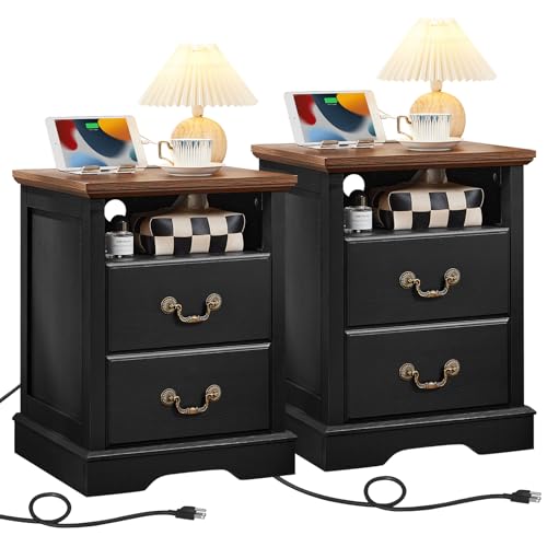 Farmhouse Nightstands Set of 2 with Charger Station, 2 Drawers Night Stand with Storage Shelf, Rustic Black 18" Wide Wood Bedside Table, Bed Side End Tables for Bedroom, Living Room - color: Black, size: 2PCS