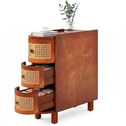 LITTLE TREE Solid Wood End Table, Rattan Narrow Side Table with 3 Drawers | Nightstand Bedside Tables for Living Room, Bedroom, Office, Bathroom, Brown - color: Brown