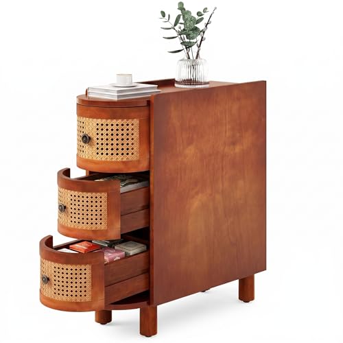 LITTLE TREE Solid Wood End Table, Rattan Narrow Side Table with 3 Drawers | Nightstand Bedside Tables for Living Room, Bedroom, Office, Bathroom, Brown - color: Brown