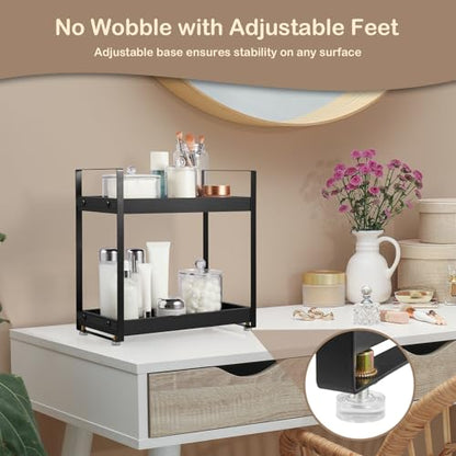 2 Tier Countertop Organizer, Black Wooden Coffee Station Organizer, Kitchen Counter Shelf Spice Rack, Bathroom Counter Organizer for Vanity, Perfume, Makeup, Home Office