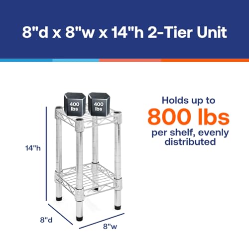 Shelving Inc. 8" d x 8" w Chrome Wire Shelving with 2 Tier Shelves, Weight Capacity 800lbs Per Shelf - size: 8" d x 8" w x 14" h