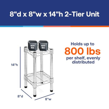 Shelving Inc. 8" d x 8" w Chrome Wire Shelving with 2 Tier Shelves, Weight Capacity 800lbs Per Shelf - size: 8" d x 8" w x 14" h