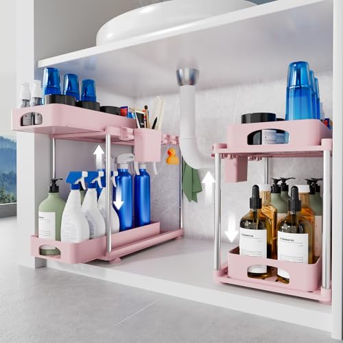 VERIFOST Under Sink Organizer, 2 Pack Kitchen and Bathroom Cabinet Organizer, 2 Tier Adjustable Height Storage, Pink - color: Pink