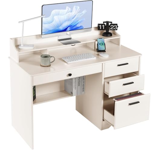 Computer Desk with Drawers and Hutch, Farmhouse Home Office Desk, Wood Student Desk with File Drawer for Bedroom, Writing Table for Small Space, Warm White - color: Warm White