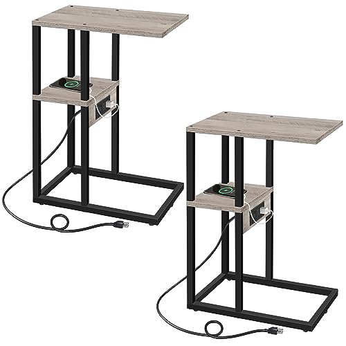 TUTOTAK C-Shaped Side Table, Set of 2, C Table End Table with Charging Station, Sofa Couch Table for Small Spaces, Couch Side Table for Livingroom, Bedroom, Greige TB01BG0432 - color: Greige, size: 2 pcs, style: With Partition