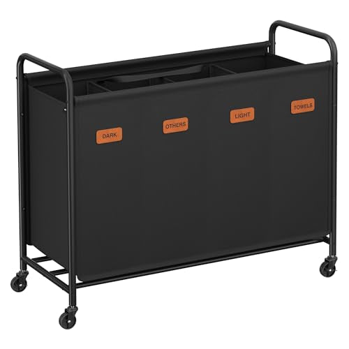 SONGMICS 4-Section Laundry Sorter, Laundry Hamper with Wheels, Rolling Clothes Hamper Cart with Large Capacity and Removable Bags, for Laundry Room, Bedroom, Bathroom, Ink Black URLS460B01 - color: Ink Black, size: 200 L