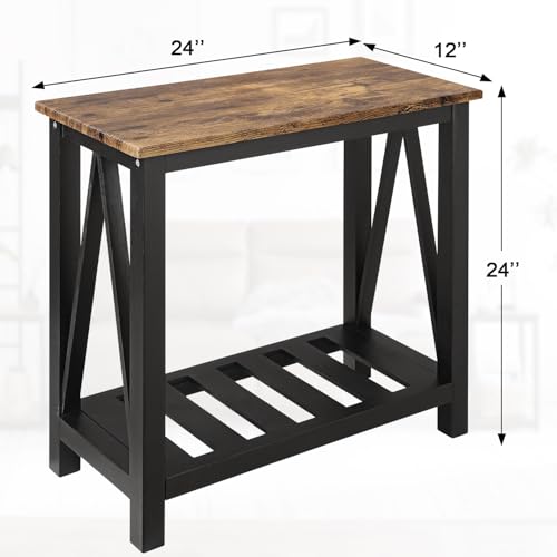 Narrow Side Table Rectangular End Tables with Storage Shelf Small Industrial Nightstands Bedside Table for Small Spaces Living Room Bedroom Bathroom Brown Smooth Tabletop and Black Legs - color: Brown&black