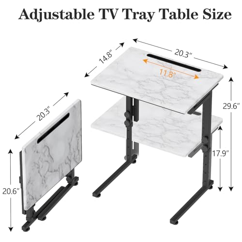 Adjustable Height Tv Tray Table,Portable Folding Tv Dinner Snack Table,Small Foldable C-Shaped End Table for Eating,Slide Under Couch Side with Sturdy MDF Top,No Assembly(White Marble+Black) - color: White Marble+black