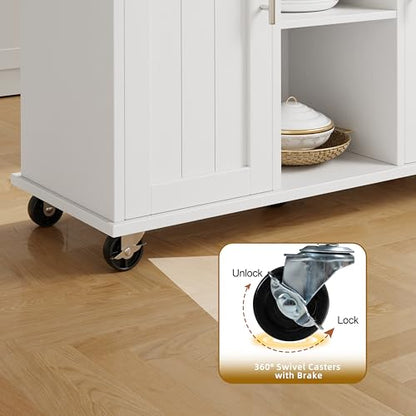 SUNLEI Island Table for Kitchen with Storage, Portable Kitchen Island Cart with Drop Leaf, Rolling Kitchen Island Table with Drawer, Cabinet & Towel Rack, Farmhouse Kitchen Island, White - style: White