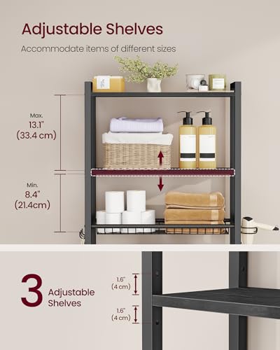 VASAGLE BARNET Collection - Over the Toilet Storage, Over Toilet Bathroom Organizer with Adjustable Shelves and Basket, 3 Hooks, Space Saving, 9.4 x 23.6 x 63 Inches, Ebony Black UBTS113BE01S - color: Ebony Black, style: 3 Tiers (63" H)