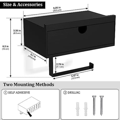 Domax Black Toilet Paper Holder with Shelf,Wall Mount/Adhesive Bathroom Toilet Paper Holder,Bamboo Wood Tissue Toilet Roll Holder with Storage Drawer for Organizer Wipes,Fits Any Room, Large - color: Black
