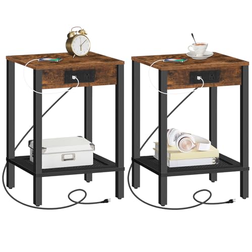 HOOBRO Side Table with Charging Station, Set of 2 End Table with USB Ports and Outlet, Nightstand with 2-Tier Storage Shelf, Faux Rattan Decoration, for Small Space, Rustic Brown and Black BF91UBZP201 - color: Rustic Brown + Black