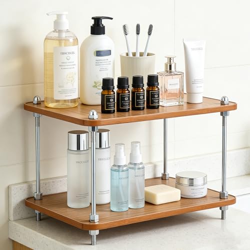 FMOACEN 2-Tier Bathroom Counter Organizer Wooden Bathroom Shelf for Makeup Skincare Perfume and Spices Countertop Organizer Shelf for Corner Vanity Coffee Station Kitchen Office and Home Decor