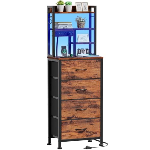 Night Stand, 52.1" Tall Bedside Table for Bedroom | RGB LED Lights & USB Ports & type-C, App + Key Control, 4 Fabric Drawers and 4-Tier Shelves for Bedroom, Dorm Storage - color: Rustic Brown, size: 4 Drawer