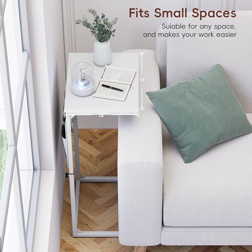 Vagusicc C Shaped End Table with Charging Station, Adjustable Height Side Table for Couch, Sofa Table Laptop Couch Side Tables, Slide Under Sofa TV Tray Arm C Tables for Living Room Bedroom, White - color: 1pc White