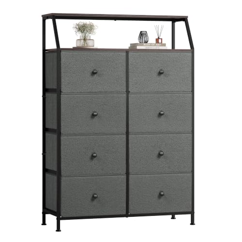 WLIVE Bouclé Fabric Dresser for Bedroom, 8 Drawer Storage Tower, Grey | Premium Bouclé Fabric Tall Dresser, Storage Tower with Open Shelf,Easy Assembly Dresser - color: Grey, style: Raised Shelves