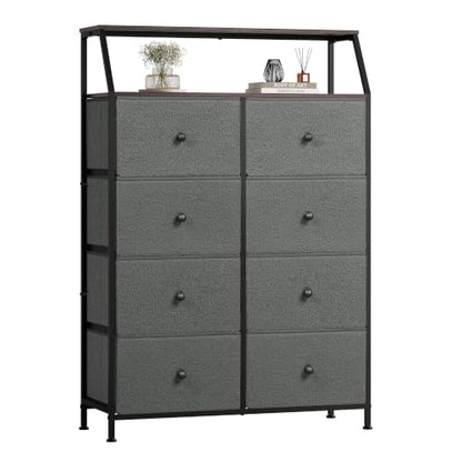 WLIVE Bouclé Fabric Dresser for Bedroom, 8 Drawer Storage Tower, Grey | Premium Bouclé Fabric Tall Dresser, Storage Tower with Open Shelf,Easy Assembly Dresser - color: Grey, style: Raised Shelves