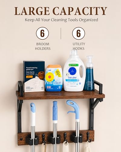 Lorbro Broom Holder Wall Mount with Cleaning Supplies Storage, Heavy Duty | 3 in 1 Broom and Mop Organizer Wall Hanging, Wooden Mop Organizer Hanger, Storage Shelves for Laundry Room, Garage - size: Medium