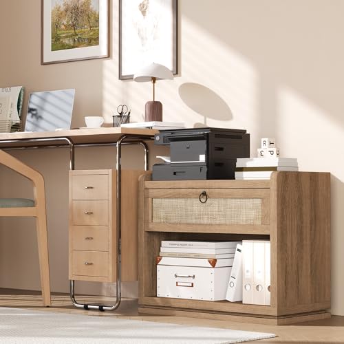 31" Wide Rattan Nightstand with Charging Station, End Side Table | Drawer & Open Shelf, Extra Large Night Stand, Farmhouse, Boho, Wood Bedside Table for Bedroom,Living Room,Office - color: Caramel Oak
