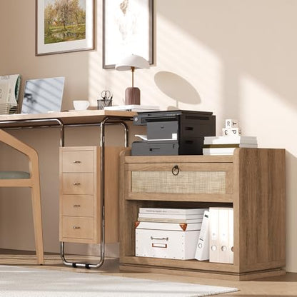 31" Wide Rattan Nightstand with Charging Station, End Side Table | Drawer & Open Shelf, Extra Large Night Stand, Farmhouse, Boho, Wood Bedside Table for Bedroom,Living Room,Office - color: Caramel Oak