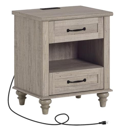 WAMPAT Side Table Nightstand with Charging Station, Farmhouse End Table with Drawer & Shelf for Living Room, Retro Night Stand Light Wood Bedside Table for Bedroom, Grey - color: Grey