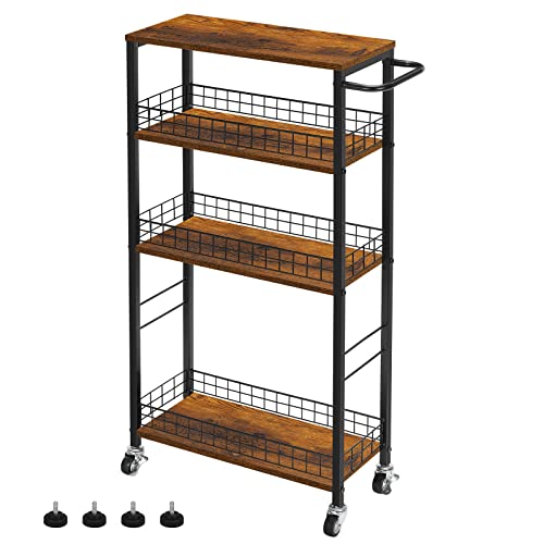 YBING Slim Storage Cart 4 Tier Narrow Kitchen Rolling Cart with Wooden Tabletop Mobile Utility Stand on Wheels for Bathroom Laundry Narrow Places Rustic Brown 16.5''L X 7.3''W X 34.6''H - color: Browm