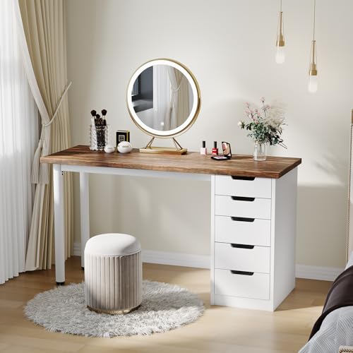 Garvee Computer Desk with 5 Drawers, 47 Inch Modern Simple Study Writing Desk with Storage, Rustic Home Office Desk, Reversible Computer Desk for Small Spaces, Apartments, Dorms, Brown+White - color: Brown + White