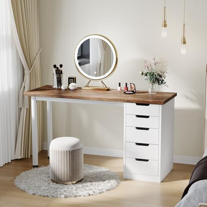 Garvee Computer Desk with 5 Drawers, 47 Inch Modern Simple Study Writing Desk with Storage, Rustic Home Office Desk, Reversible Computer Desk for Small Spaces, Apartments, Dorms, Brown+White - color: Brown + White