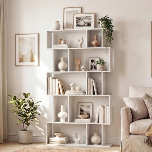GOFLAME 5-Tier Geometric Bookshelf, 62” Tall Bookcase with 10 Open Back & Closed Back Cubes, Modern Display Book Shelf, S-Shaped Storage Organizer for Living Room, Home Office (1,White) - color: White