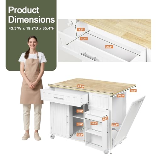 Kitchen Island with Storage, Island Table for Kitchen with Widen Drop Leaf Rubberwood Top, Trash Can Storage and Towel Bar, Rolling Kitchen Island Cart on Wheels for Indoor Outdoor, White