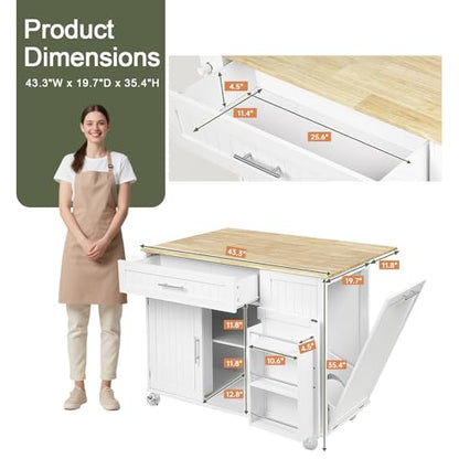 Kitchen Island with Storage, Island Table for Kitchen with Widen Drop Leaf Rubberwood Top, Trash Can Storage and Towel Bar, Rolling Kitchen Island Cart on Wheels for Indoor Outdoor, White