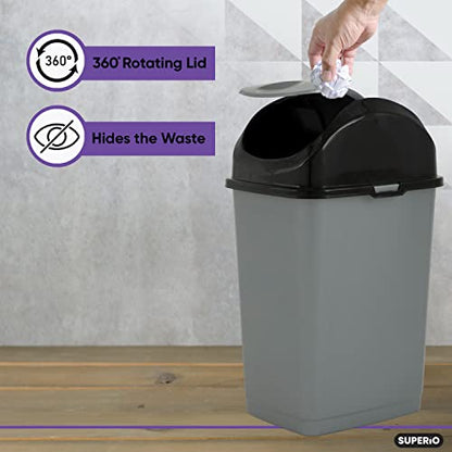 Superio Office Trash Can with Lid 9 Gallon Kitchen Garbage Can Bedroom Waste Basket 37 Qt. Swing Top Trashcan Plastic Durable Waste and Recycle Bin (2, Grey/Black) - size: 9 Gallon