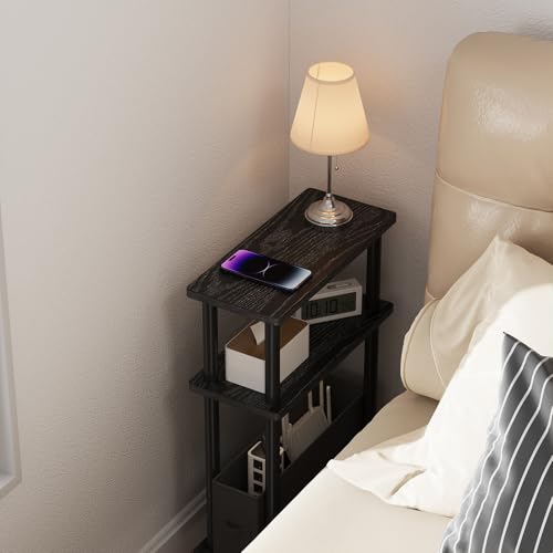 Apicizon Small Narrow Side Table, 3-Tier Skinny End Table withFabric Basket, Slim Nightstand Bedside Table for Small Spaces, Living Room, Bderoom, Black - color: Black, style: Narrow Side Table with Basket