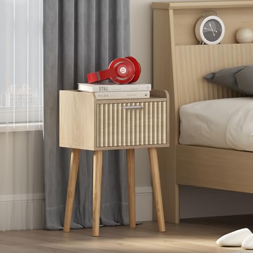 LAATOOREE Nightstand Set of 2, Small Bed Side Table with Fluted Door | End Table with Solid Wood Legs, Mid-Century Bedside Table for Bedroom Small Space - color: Natural, style: Fluted Style