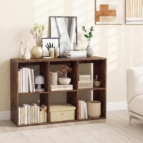 POWERSTONE 6 Cube Storage Organizer, 3 Tier Cubby Bookshelf, Rustic Brown | Freestanding Bookcase w/Back Guardrail, Open Back Display Rack for Living Room, Bedroom, Study - color: Rustic Brown, size: 6 Cubes