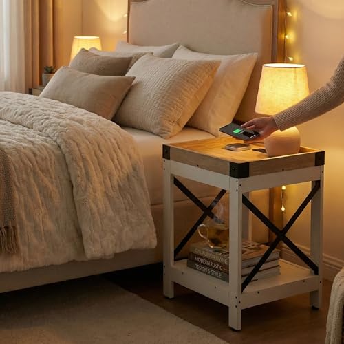 Farmhouse Square 2 Tier Side Table with Charging Station,White+Oak | End Table Sofa Table With X-Metal Frame Industrial Coffee Table Nightstand for Living Room Bedroom Small Spaces - color: White+oak, style: With Outlets