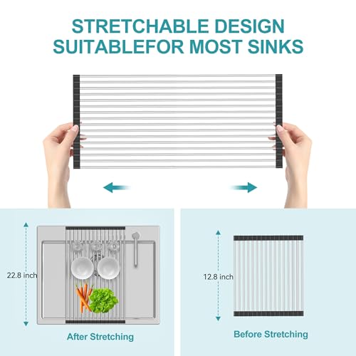 Extra Large Expandable Roll Up Dish Drying Rack,Over The Sink Drying Rack Sink Cover Kitchen Sink Accessories Kitchen Rolling up Stainless Steel Drainer, Foldable,Rollable（Black，22.8''-12.4''） - color: Black, style: 16 tubes，expandable