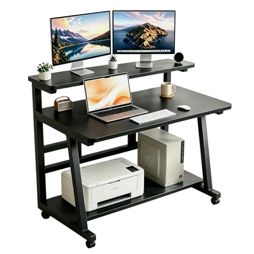 39.4 Inch Compact Rolling Computer Desk with Tier Worktable & Lockable Wheels, Small Computer Desk, Small Desk for Bedroom, Mobile Writing Workstation Easy Assembly for Home Office Small Spaces - color: Frame：black/Board：black, size: 39.4“*19.7''