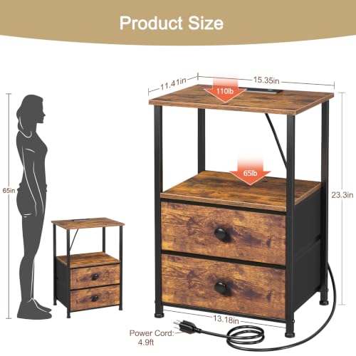 LOAKEKEL Night Stand, Nightstands Set of 2 with Charging Station | Bedside Table with 2 Fabric Drawers for Bedroom, End Tables with Storage Shelf for Small Spaces, Rustic Brown - color: Rustic Brown, style: Power