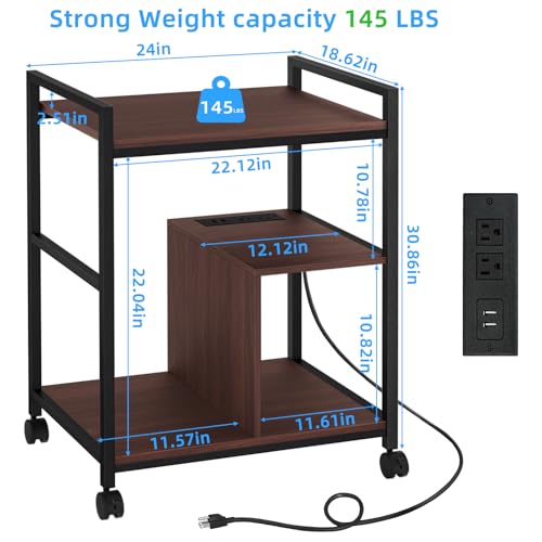 Lerliuo 24" Wide Large Printer Stand with Storage, Walnut | Printer Table for Home Office with Charging Station, 3 Tier Industrial Mobile Printer Cart with Lockable Wheels - color: Walnut