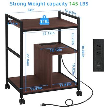 Lerliuo 24" Wide Large Printer Stand with Storage, Walnut | Printer Table for Home Office with Charging Station, 3 Tier Industrial Mobile Printer Cart with Lockable Wheels - color: Walnut