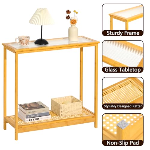 Bamboo Narrow Console Table, 31.5"(L) Wood Small Entryway Table with Rattan and Glass, Accent Slim Hallway Tables, Thin Sofa Side Tables for Hallway, Living Room, Foyer, Burlywood - color: Burlywood 31.5"(l)