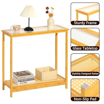 Bamboo Narrow Console Table, 31.5"(L) Wood Small Entryway Table with Rattan and Glass, Accent Slim Hallway Tables, Thin Sofa Side Tables for Hallway, Living Room, Foyer, Burlywood - color: Burlywood 31.5"(l)