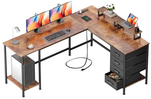 Korfile 66" L Shaped Computer Desk with Power Outlets, Home Office Desk with 4 Adjustable Storage Drawers & 2 Monitor Stands, Large Two Person Gaming Table for Writing Study, Rustic Brown - color: Rustic Brown, size: 66 Inch