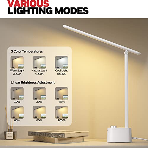 Honeywell HWT-H01 LED Desk Lamp, Foldable & Stepless Dimmable, White | Sunturalux Eye-Caring Desk Light with Charging Ports, Modern Table Lamp, Reading Lamp for Home Office Bedroom College Dorm - color: White