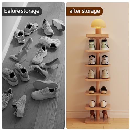 6-Tier Vertical Shoe Rack, Narrow Shoe Tower for Small Space - color: Natural, size: 11.4"D×10.8”W×43.3"H