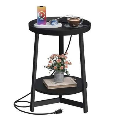 Round Industrial Side Table with Charging Station,2-Tier Round End Table with USB Port & Power Outlet, Nightstand with Metal Frame for Small Spaces, Living Room, Bedroom, Black - color: Black, style: With Charging Station