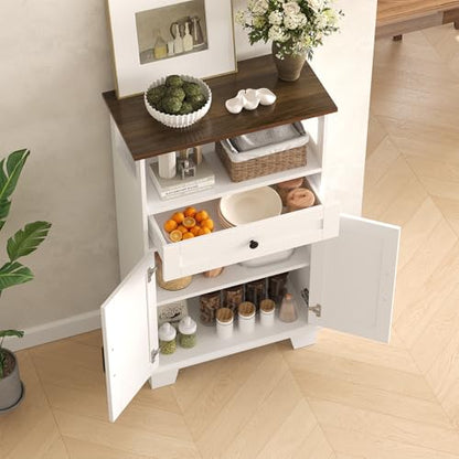 Hawkrown Farmhouse Bathroom Storage Cabinet with Drawer & Adjustable Shelves, White 23.6" Wide Freestanding Floor Cabinet, Barn Door, Sturdy Wood, for Kitchen, Entryway (23.6 * 11.8 * 39.3" (Floor))