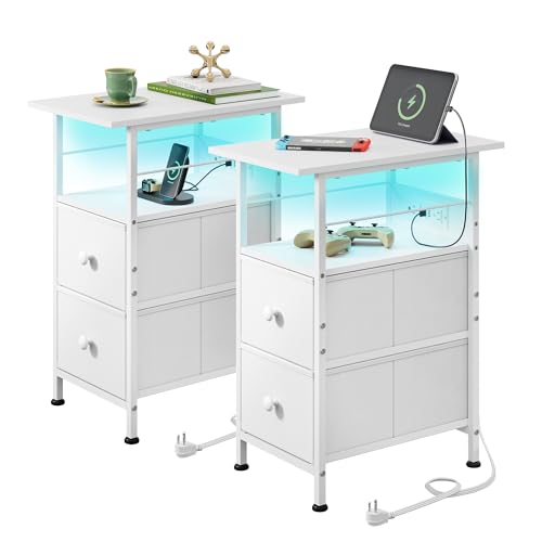 WLIVE Nightstand Set of 2 with Charging Station, End Table Sets with LED Lights, 2 Fabric Drawers and Open Shelf, Bed Side Tables Living Room, Small Space, Night Stand for Bedroom，White - color: White, size: 2 Drawers